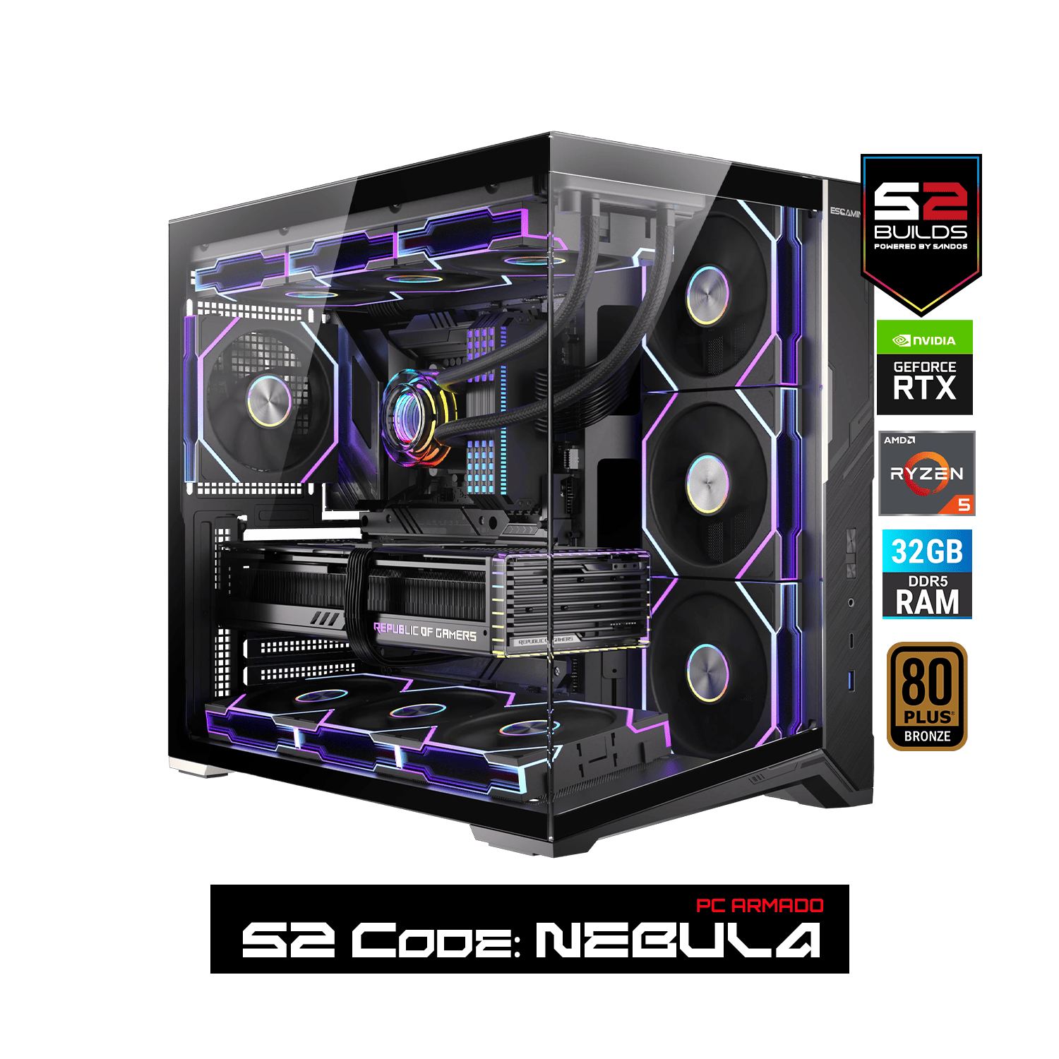 S2 NEBULA RYZEN 5 7600X RTX 5060TI 16GB - 32GB RAM NV3 1 TB GABINETE GAMER ZERO MAX