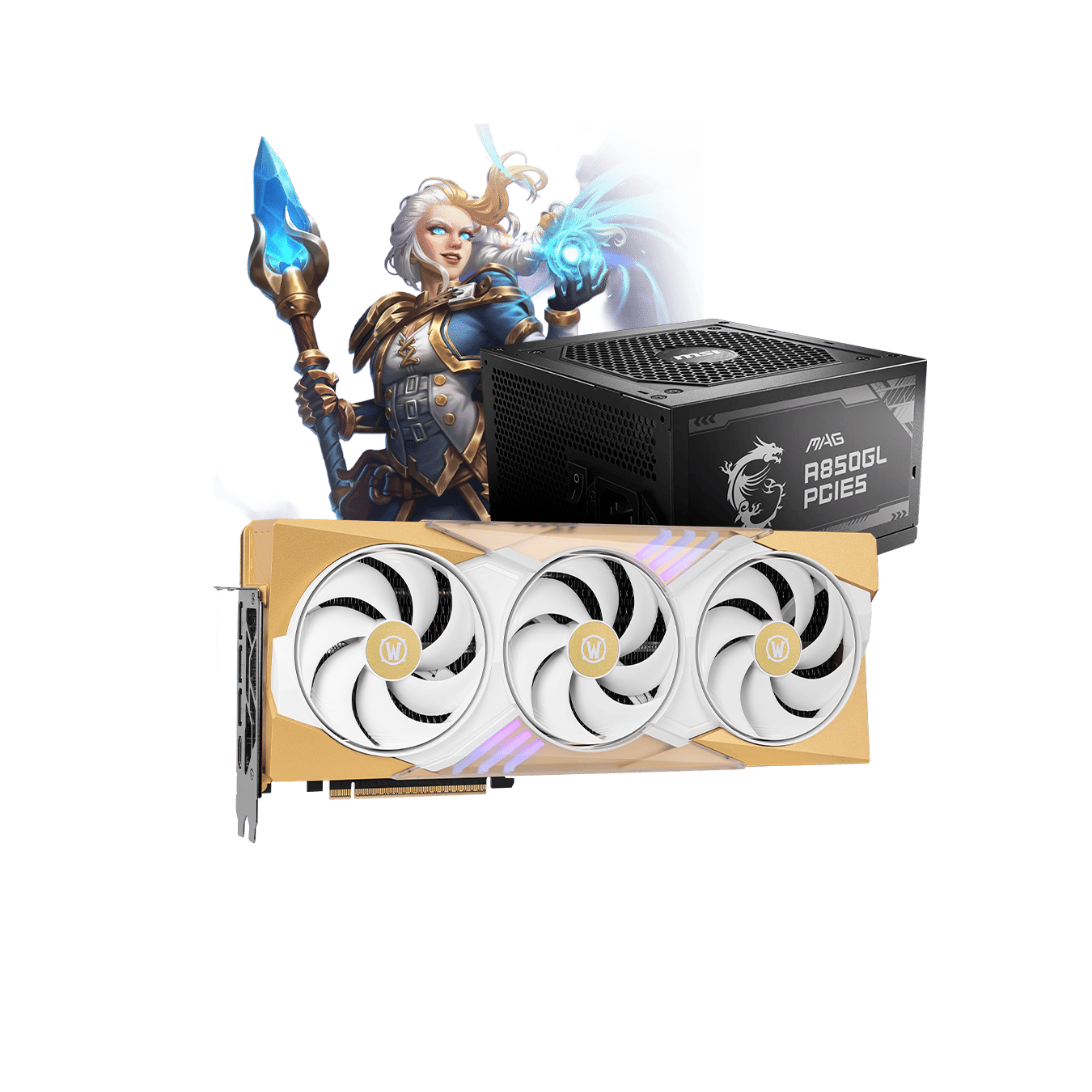 KIT Tarjeta de Video MSI Nvidia GeForce RTX 5070 World of Warcraft  BLANCA+ Fuente de Poder MSI MAG A850GL PCIE5 850W, Full Modular Certificación 80 PLUS Gold