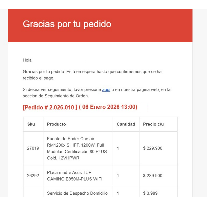 Ejemplo de correo con número de pedido