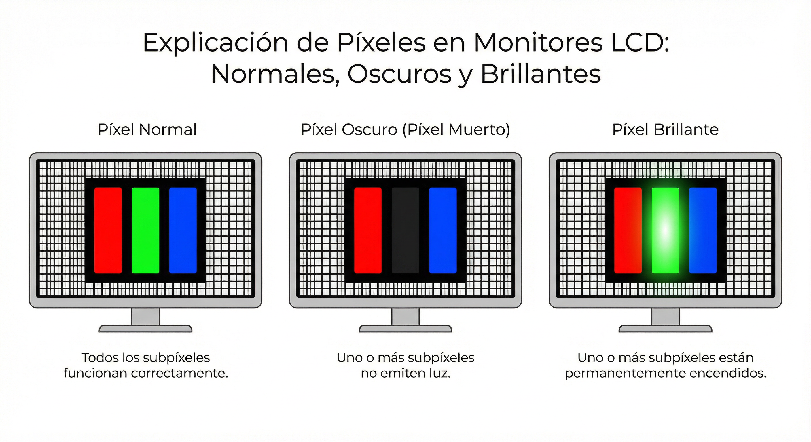 Ejemplo de píxeles normales, oscuros y brillantes en monitores LCD